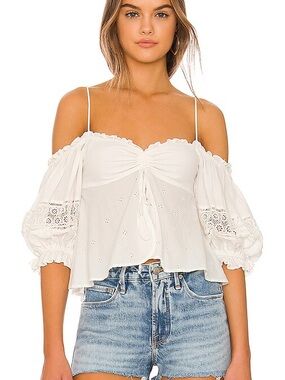 Free People Bambino Eyelet Puff Sleeve Off Shoulder Top White XS Boho Prairie